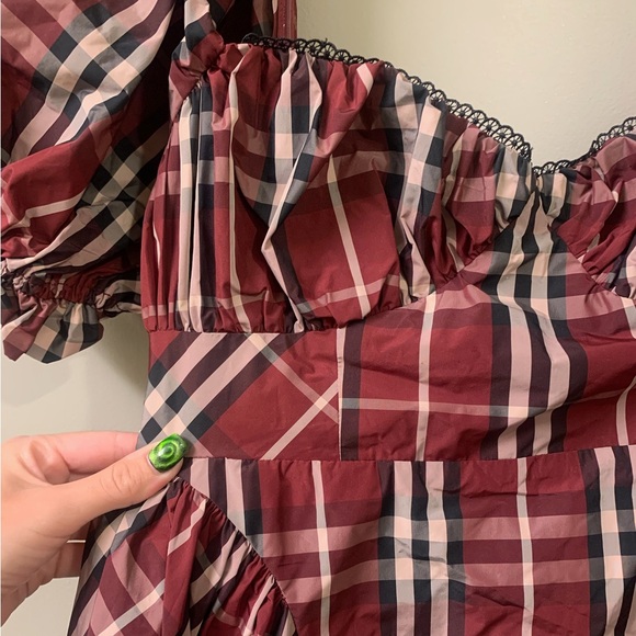 Anthropologie Maeve Maroon Tartan Plaid Puff Sleeve A-Line Mini Dress Small NWT - Picture 4 of 9